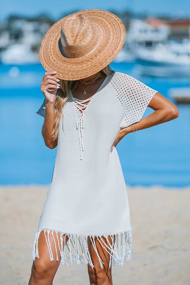 Apricot Lace-Up Crochet Mini Cover-Up