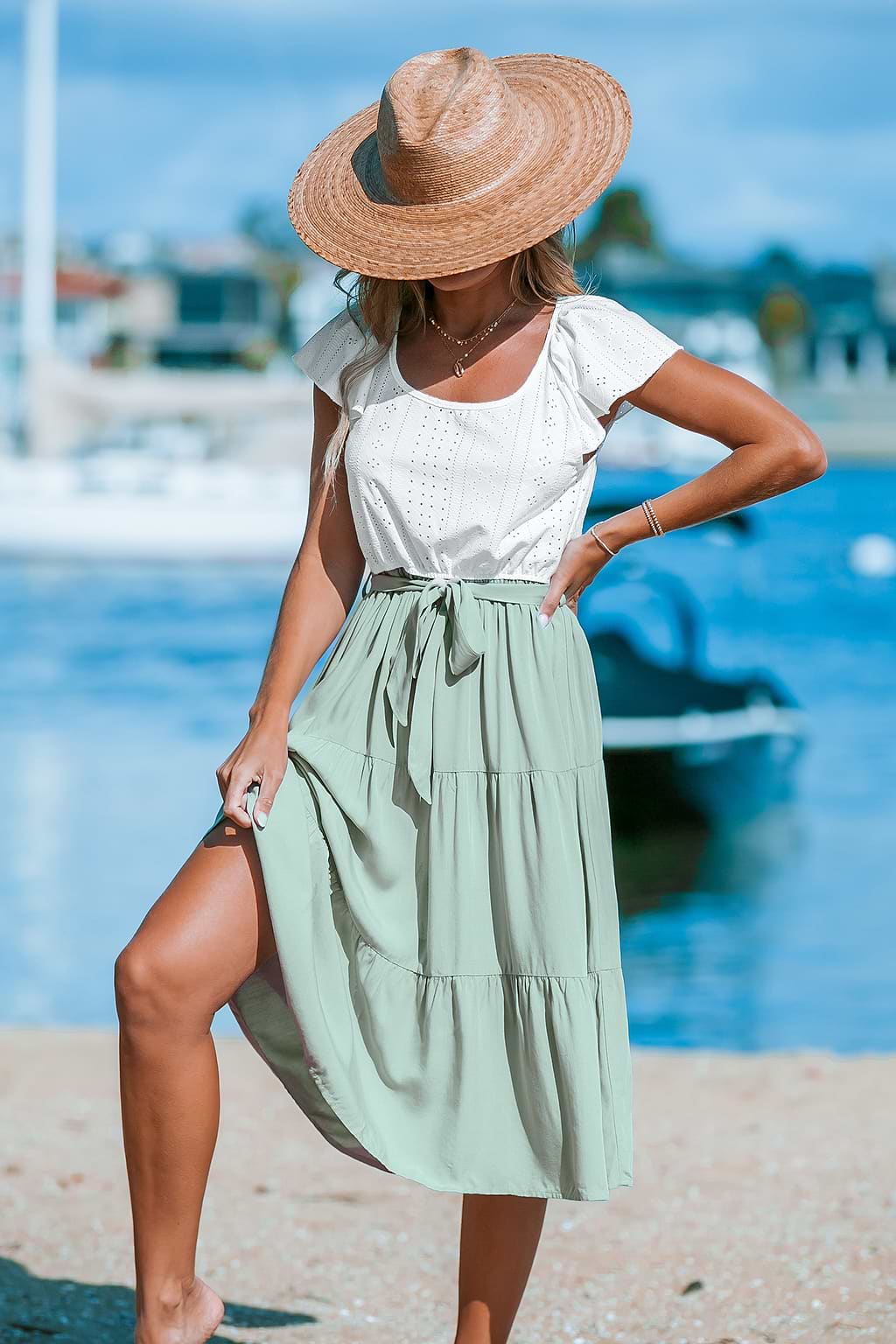 White Eyelet Flutter Top & Sage Skirt Midi Dress