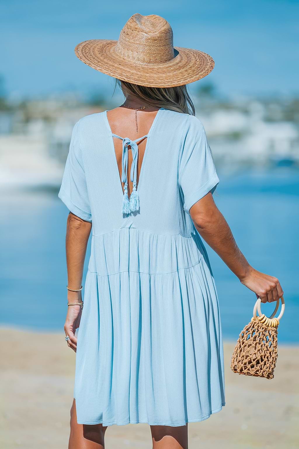 Light Blue Short Sleeve Flowing Mini Dress