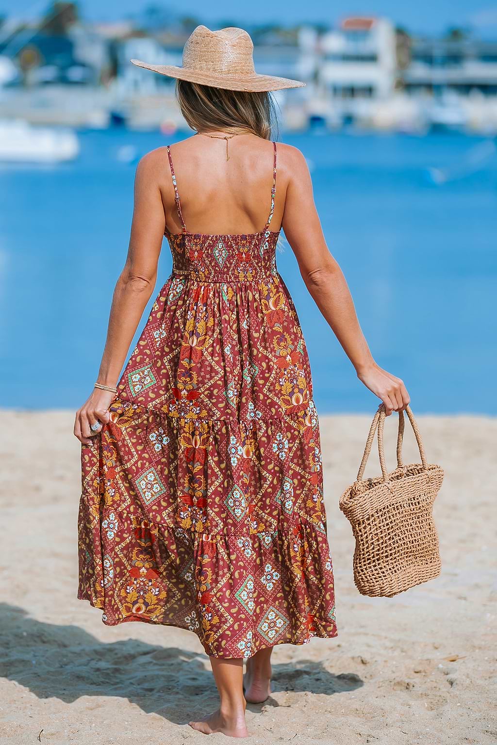 Brick-and-Orange Boho Sleeveless Maxi Dress