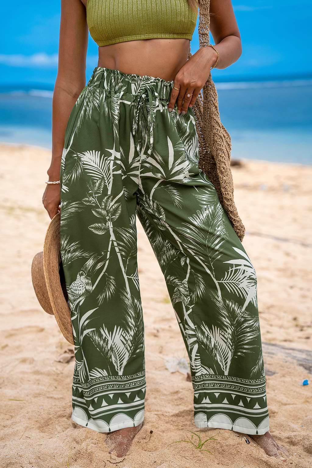 Green Tropical Bird Wide Leg Resort Pants