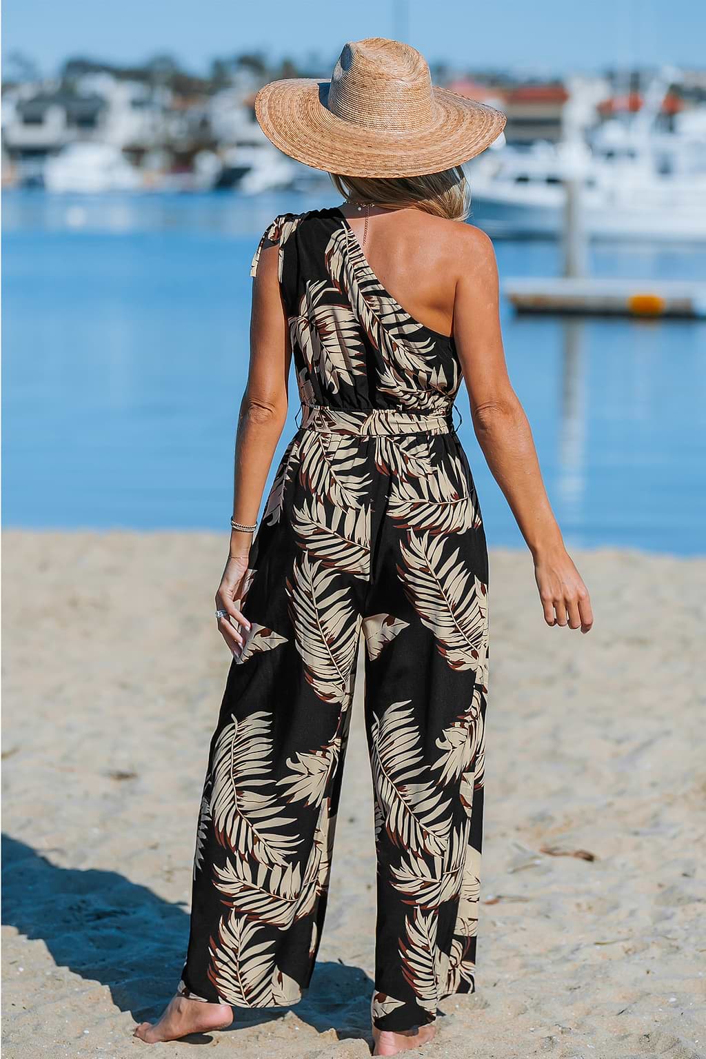 Midnight Tropics One-Shoulder Wide Leg Jumpsuit