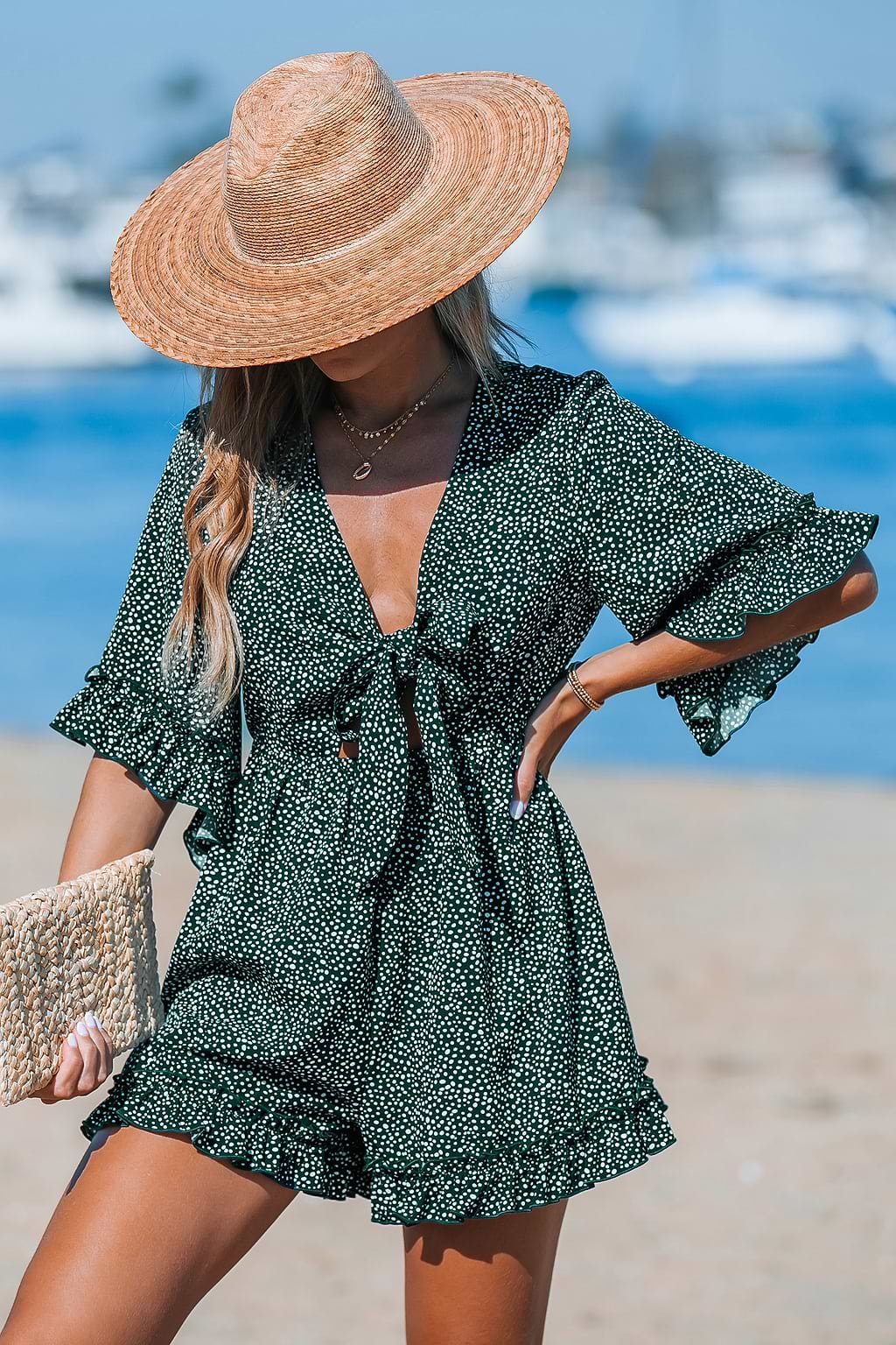 Green-and-White Polka Dot Front Tie Cutout Romper