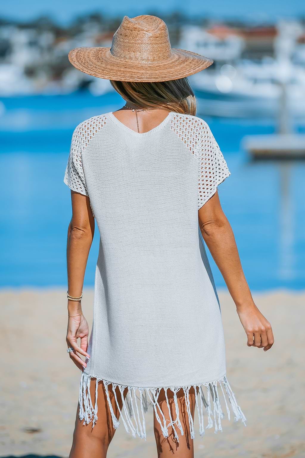 Aprikosenfarbenes gehäkeltes Cover-Up-Minikleid mit Schnürung