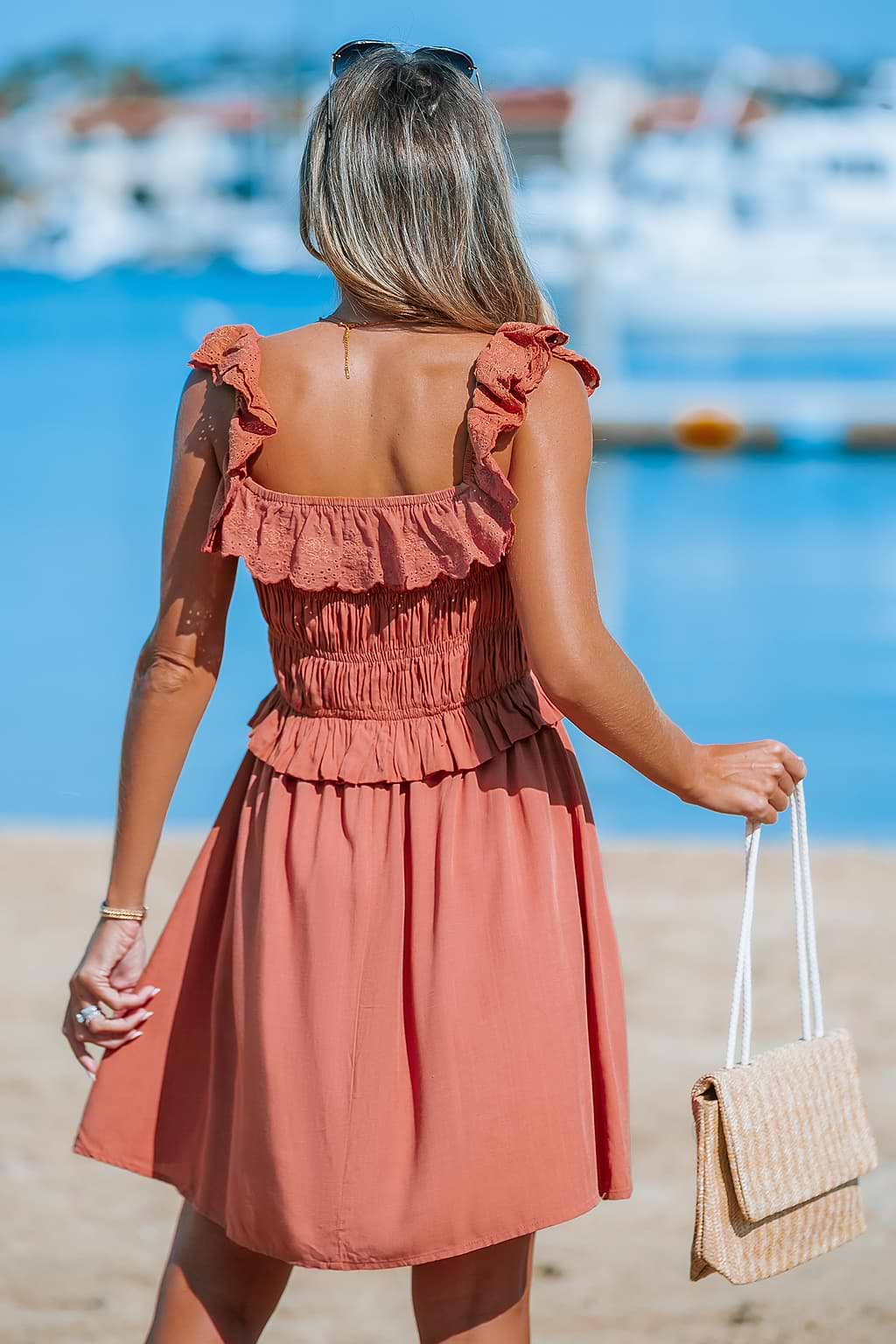 Brick Ruffled Square Neck Smocked Bodice Mini Dress