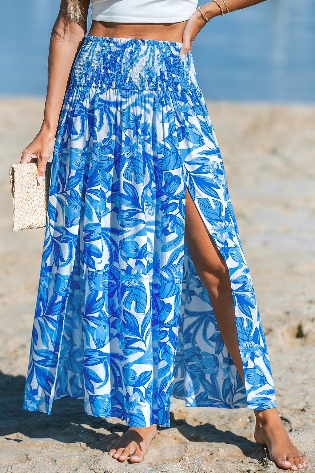 Blue Tropical Smocked Waist Maxi Cover-Up Skirt