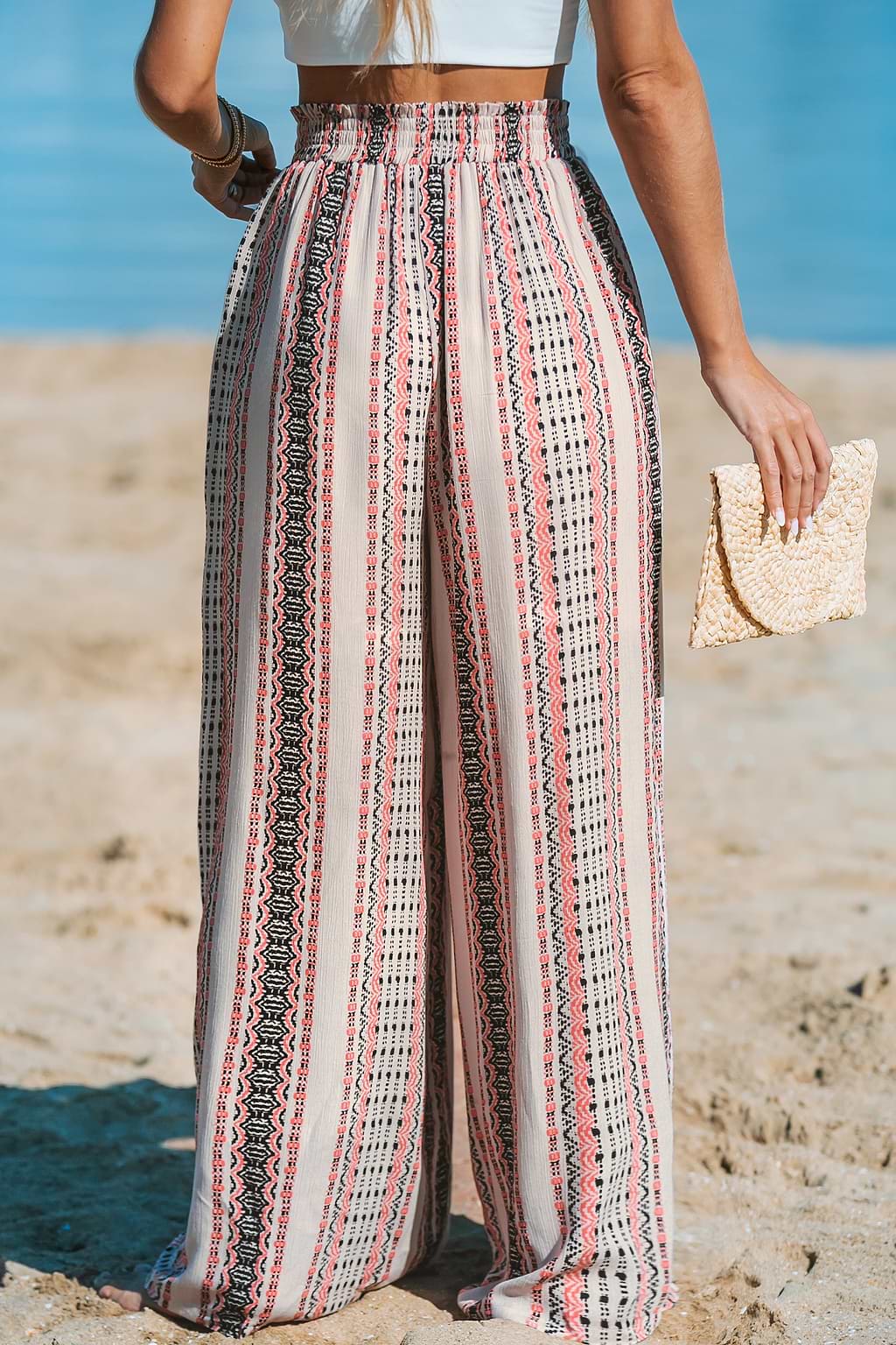 Boho Striped Smocked Waist Wide Leg Pants