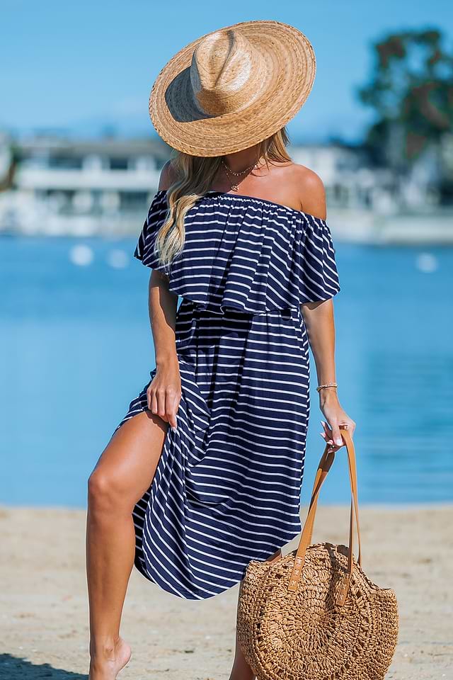 white striped off the shoulder dress Jumana Off Shoulder Mini Dress