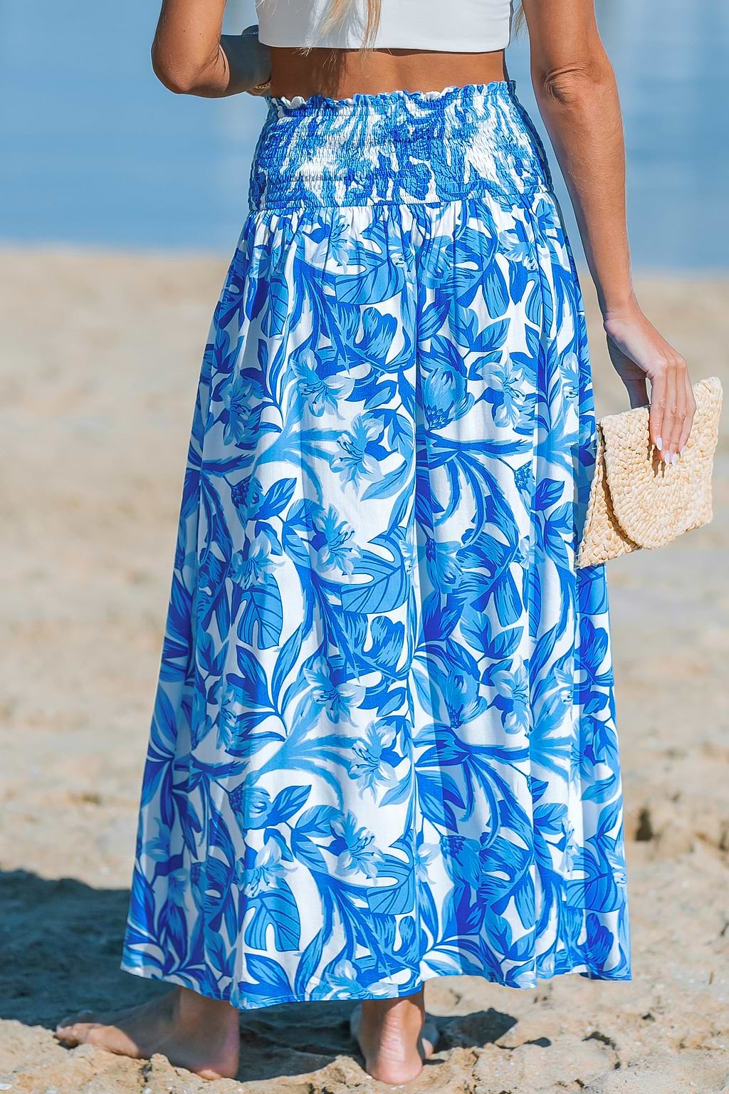Blue Tropical Smocked Waist Maxi Cover-Up Skirt