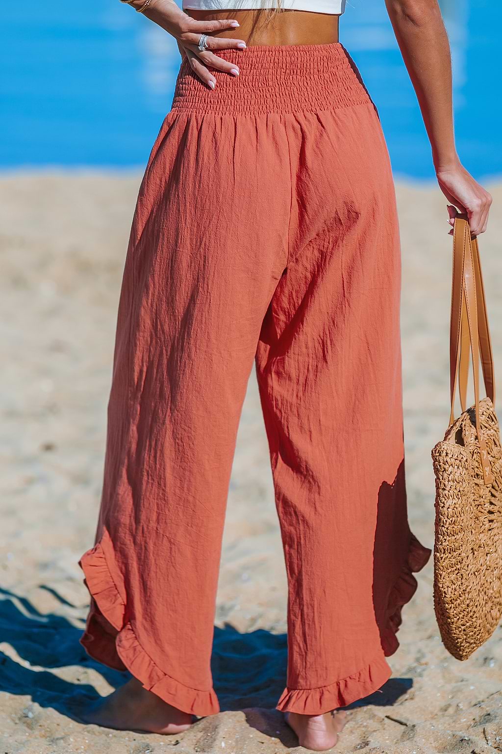 Red Smocked Waist Straight Leg Pants
