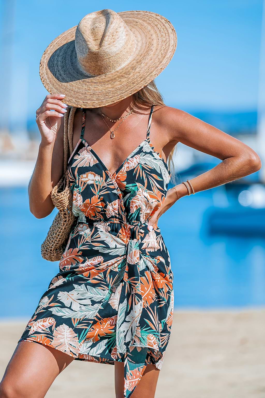 Tropical Leaf Sweetheart Wrap Mini Dress