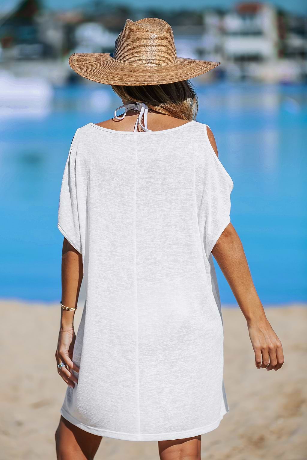 White Boat Neck Cutout Shoulder Cover-Up