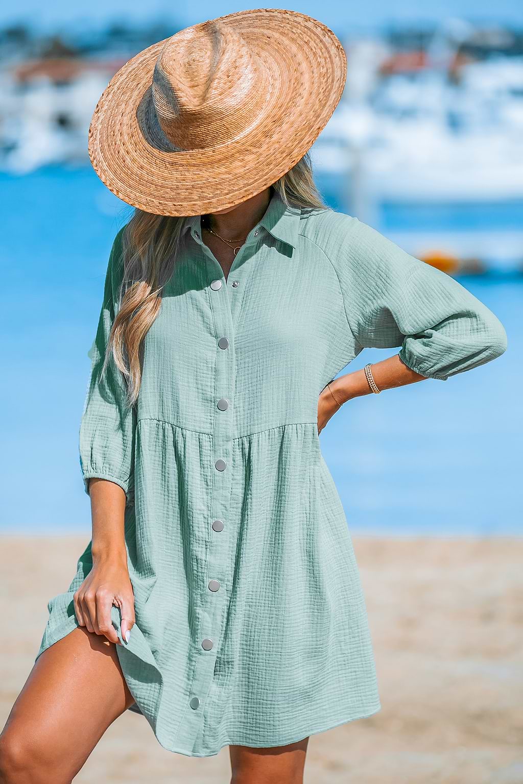 Aqua Collared Button-Up Mini Dress