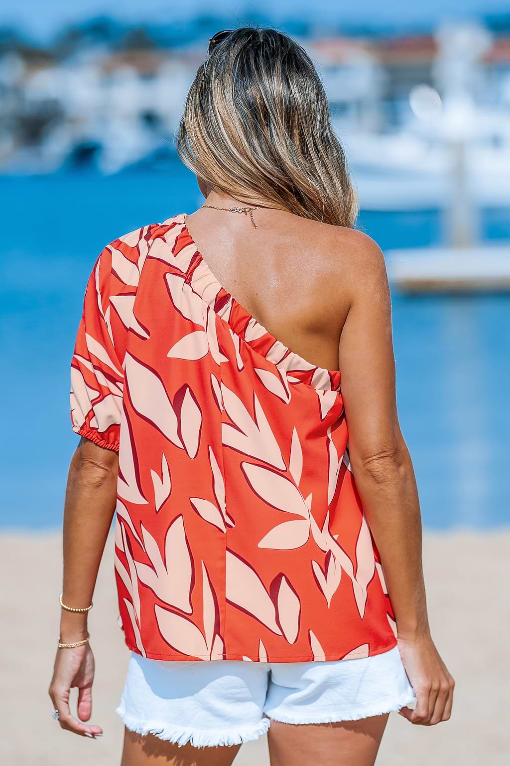 Tropical One-Shoulder Puff Sleeve Blouse