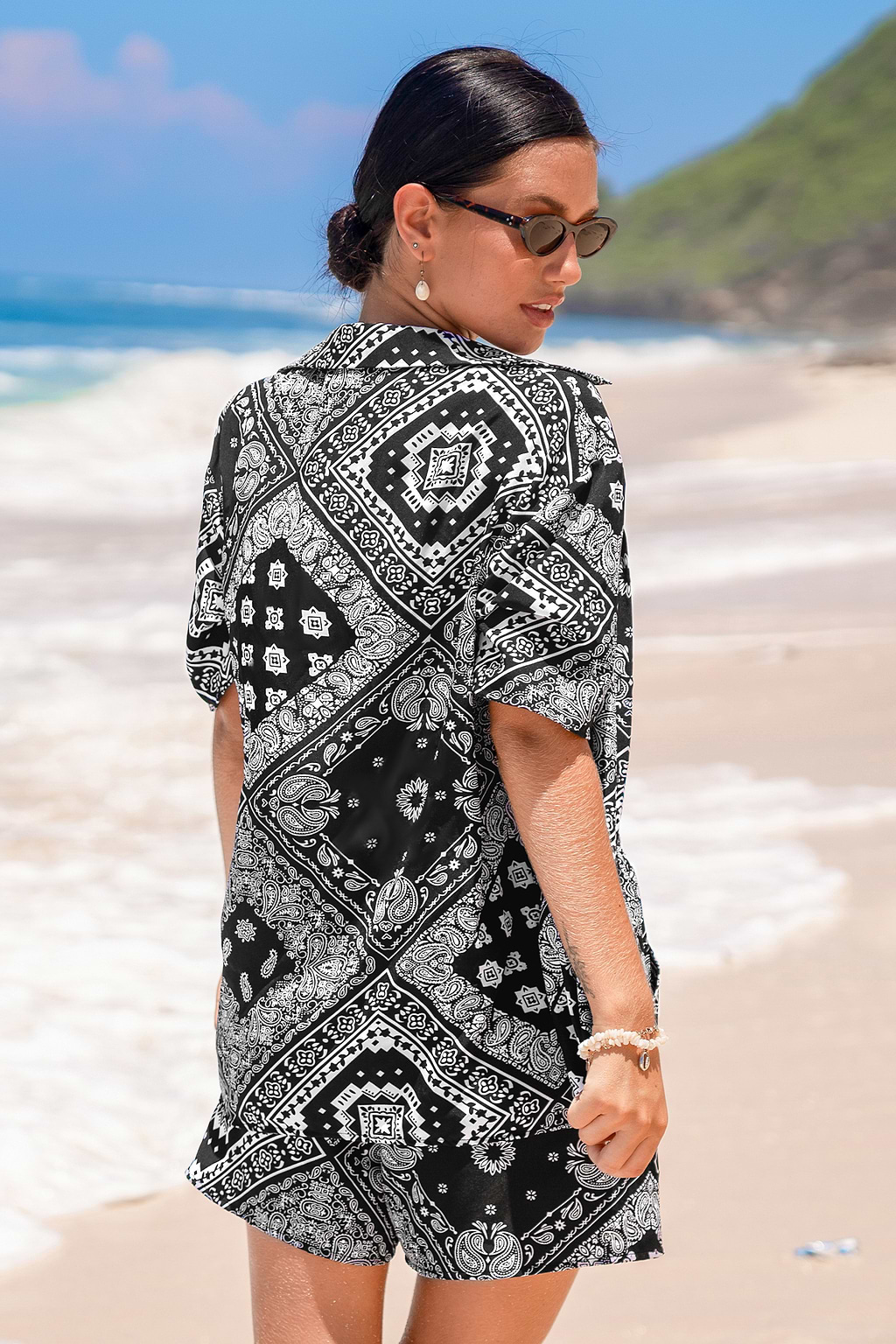 Black-and-White Paisley Shirt & Shorts Set