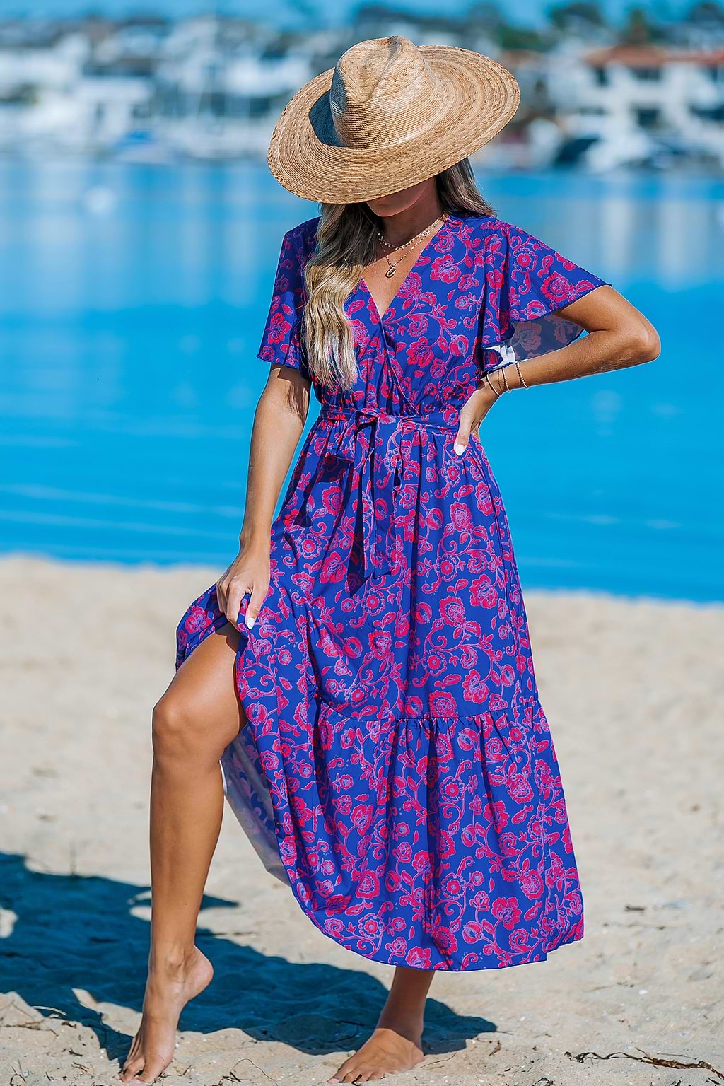 Floral Print V-Neck Lace Maxi Dress