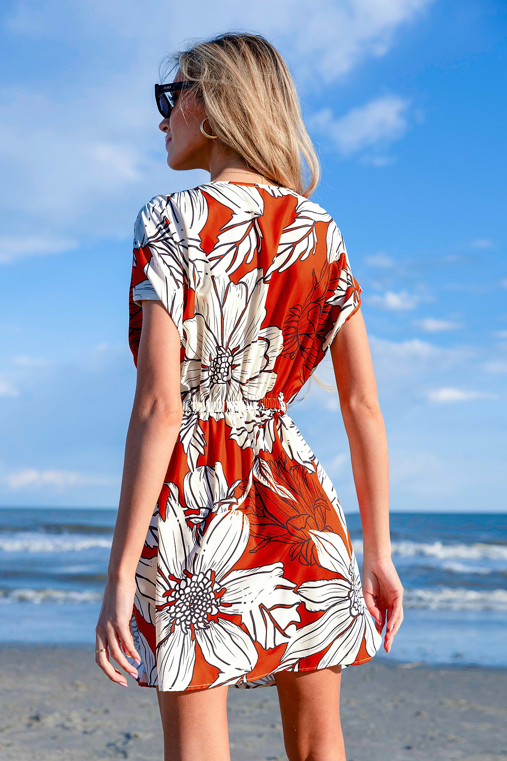 Red Large Floral Dolman Sleeve Mini Dress