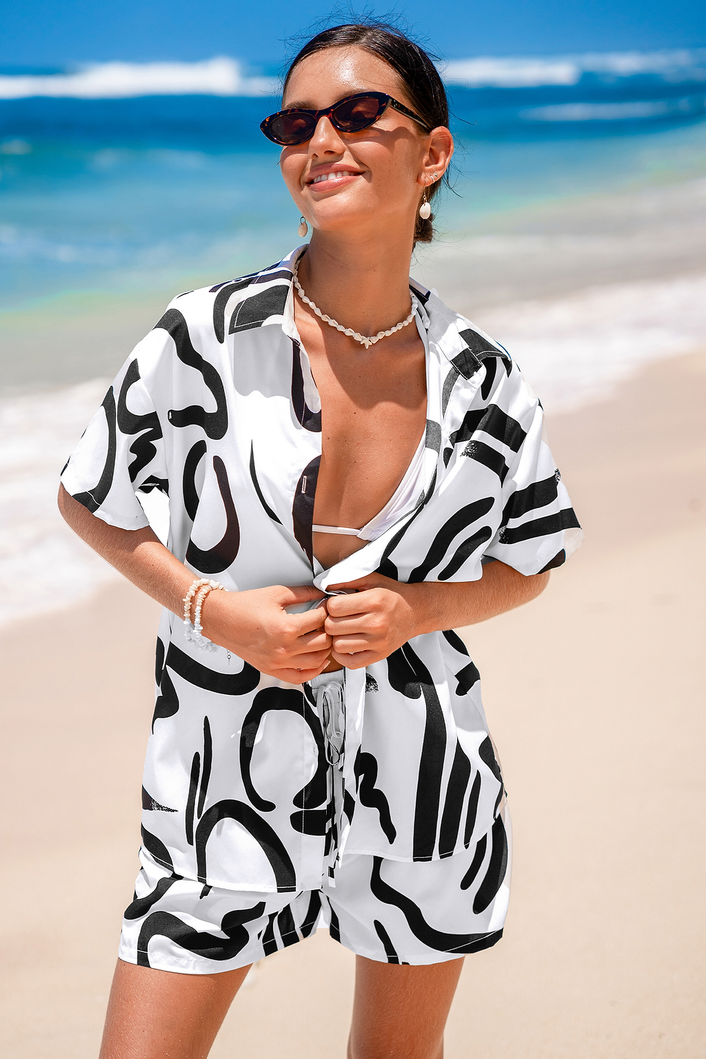 Black-and-White Abstract Shirt & Shorts Set