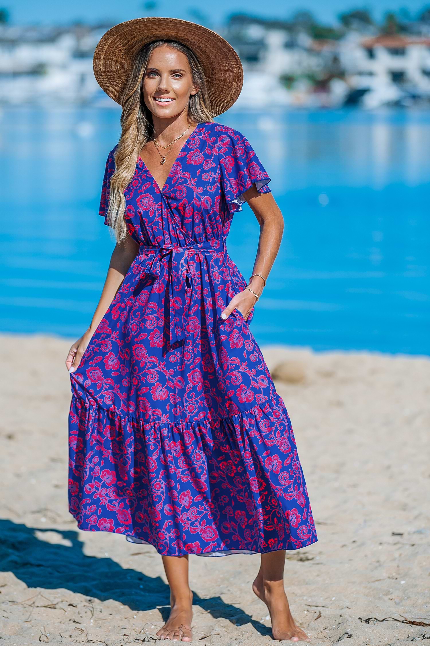 Floral Print V-Neck Lace Maxi Dress