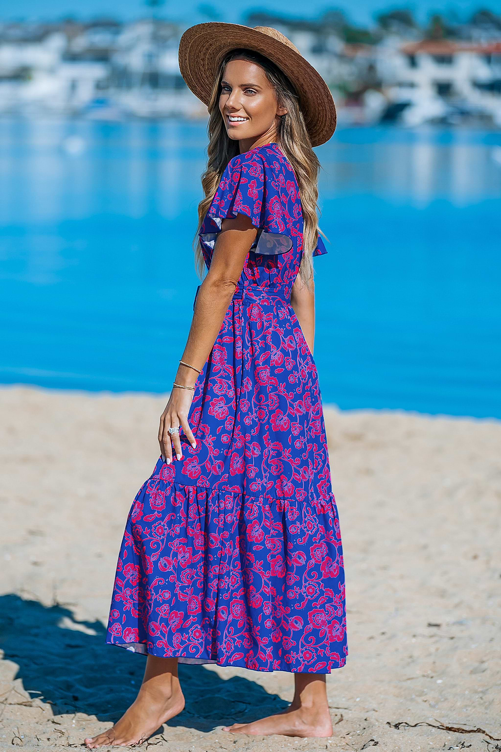 Floral Print V-Neck Lace Maxi Dress