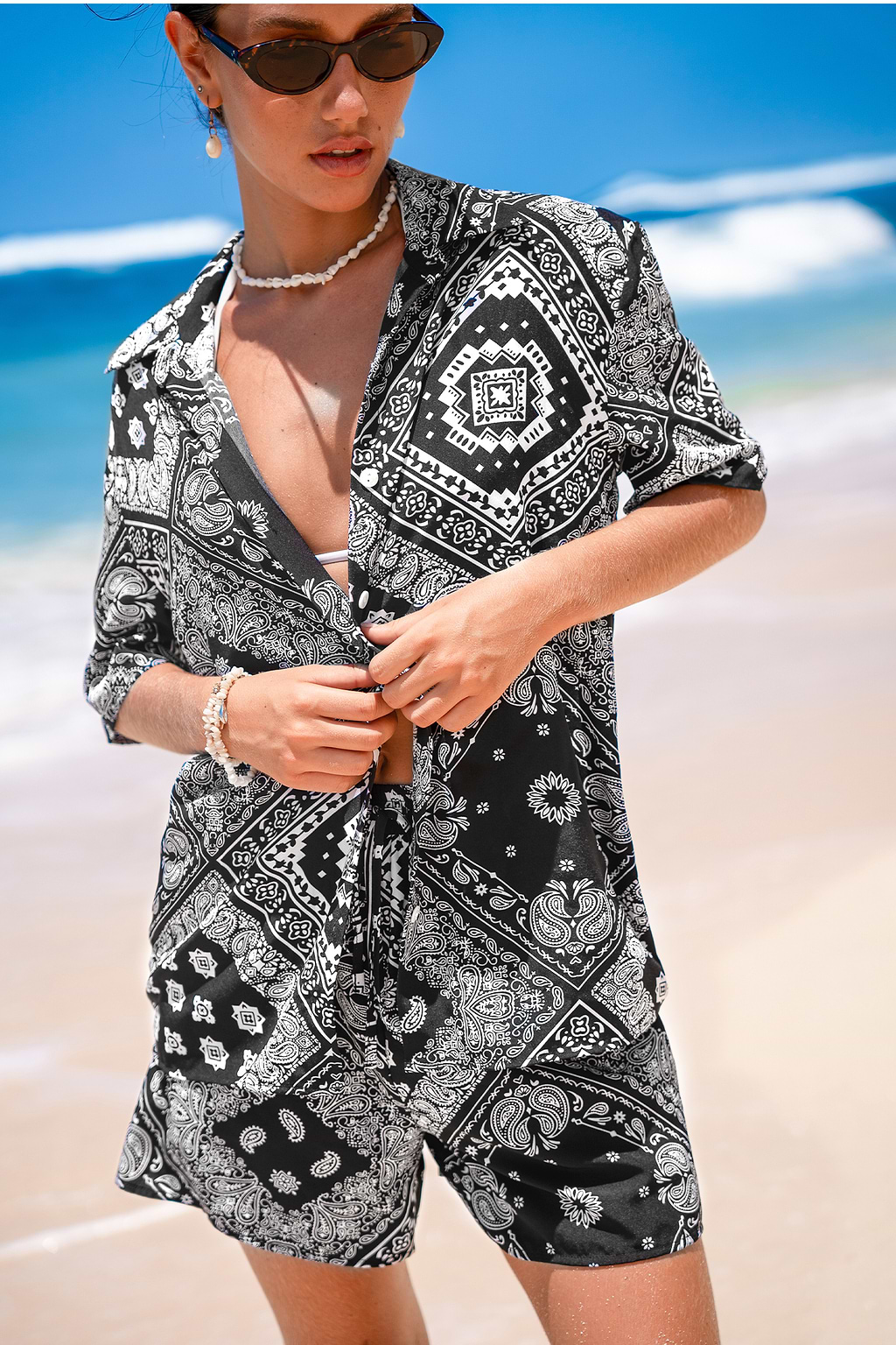 Black-and-White Paisley Shirt & Shorts Set