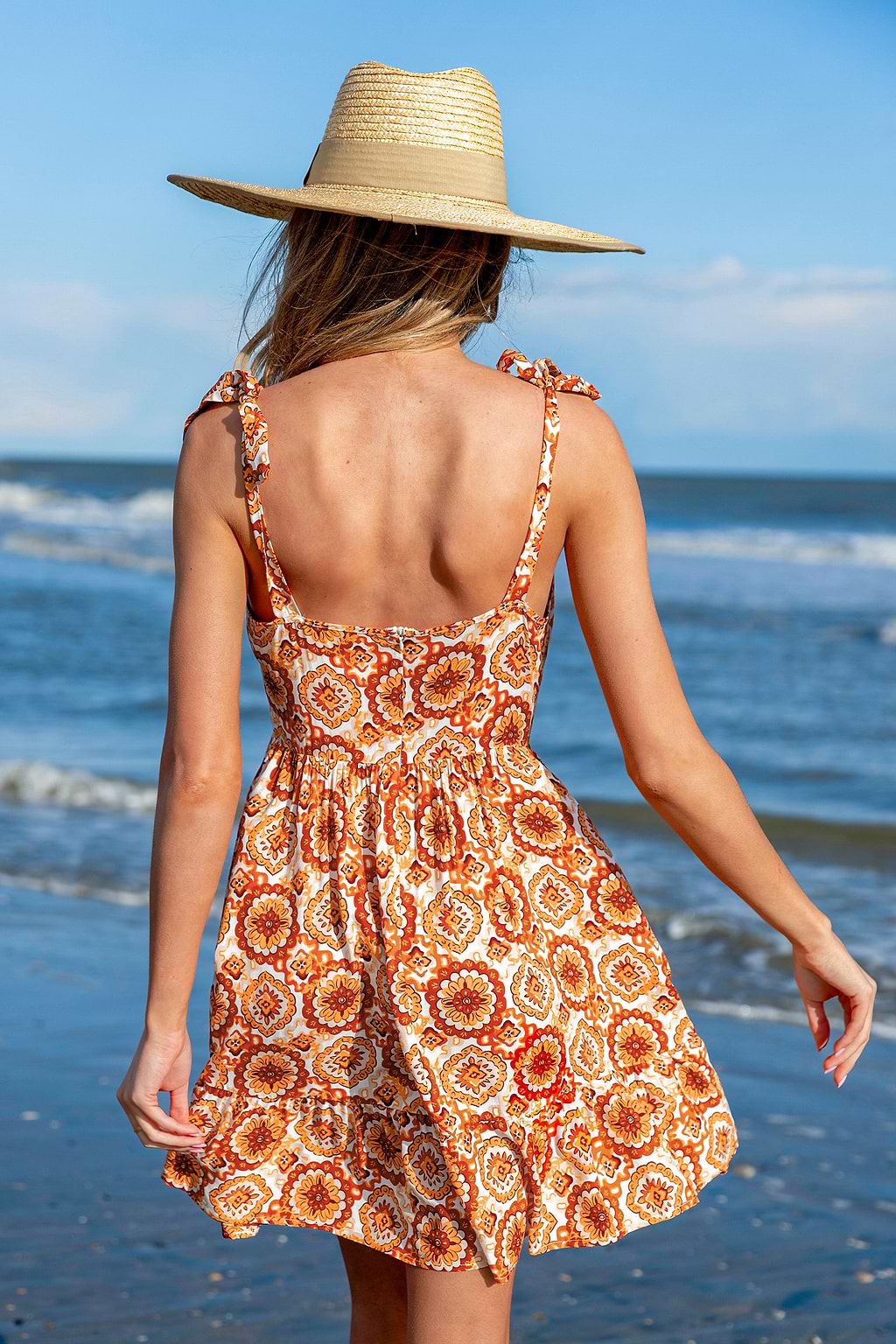 Orange Retro Floral Sleeveless Surplice Mini Dress