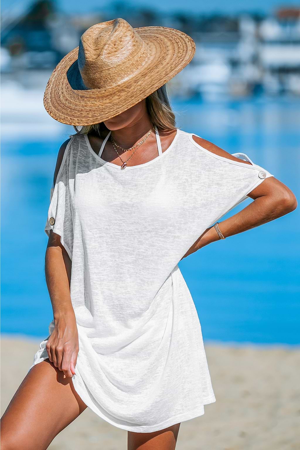 White Boat Neck Cutout Shoulder Cover-Up