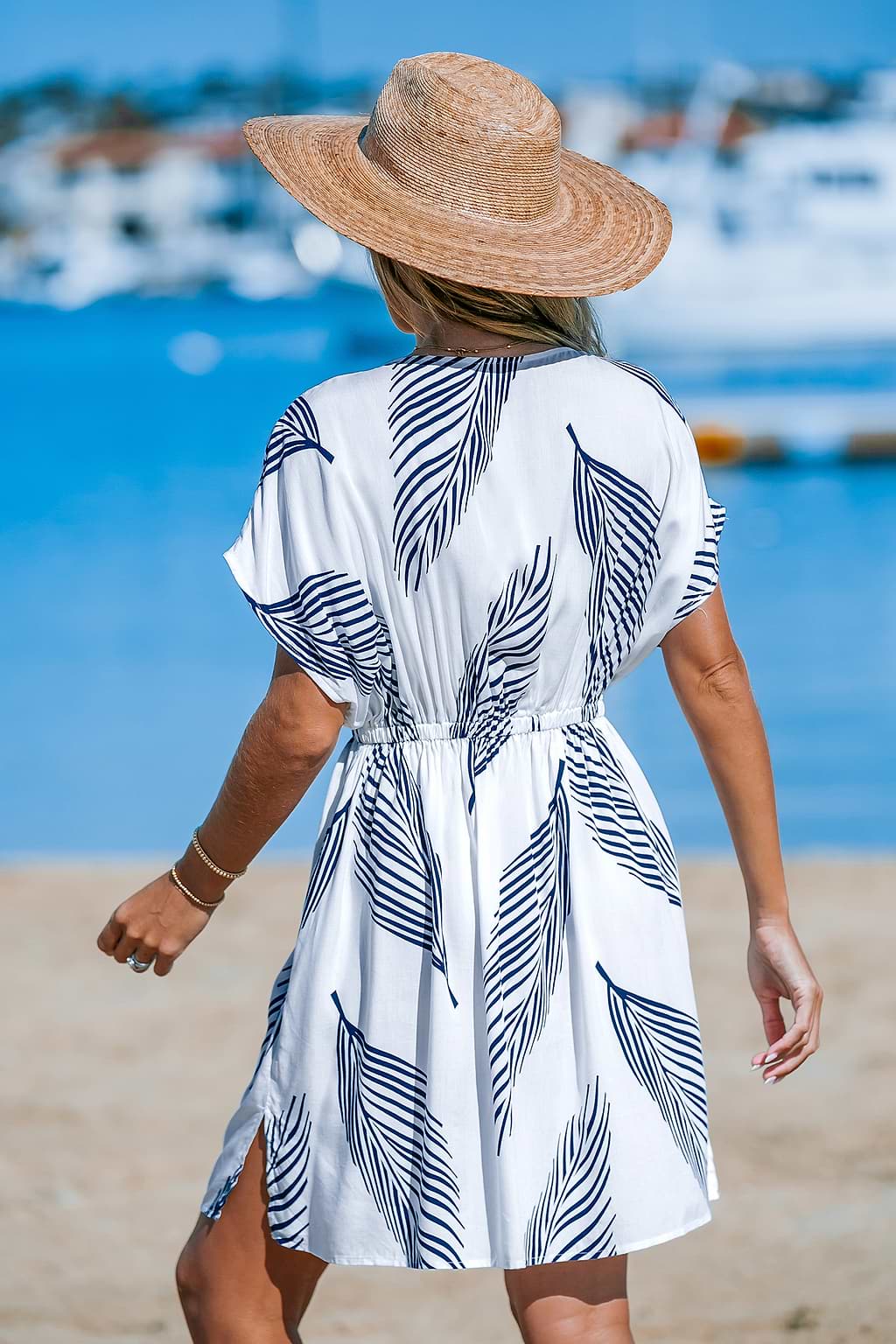 Navy & White Palm Leaf Dolman Sleeve Mini Cover-Up