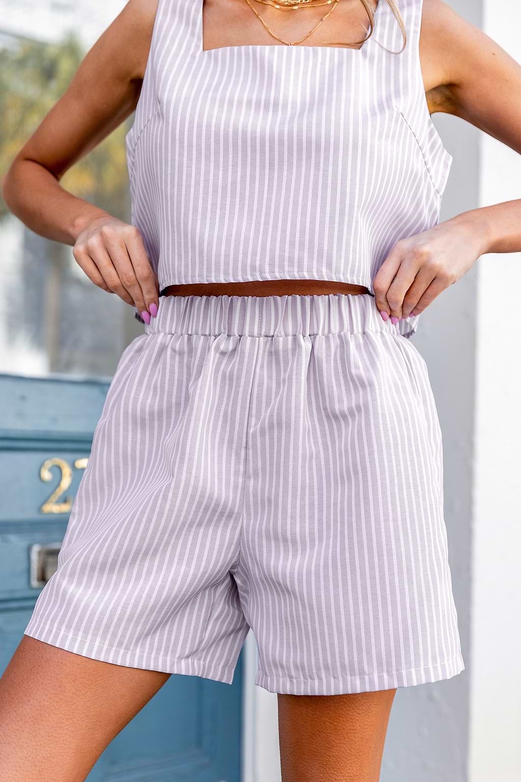 Striped Square Neck Top & Straight Leg Shorts Set