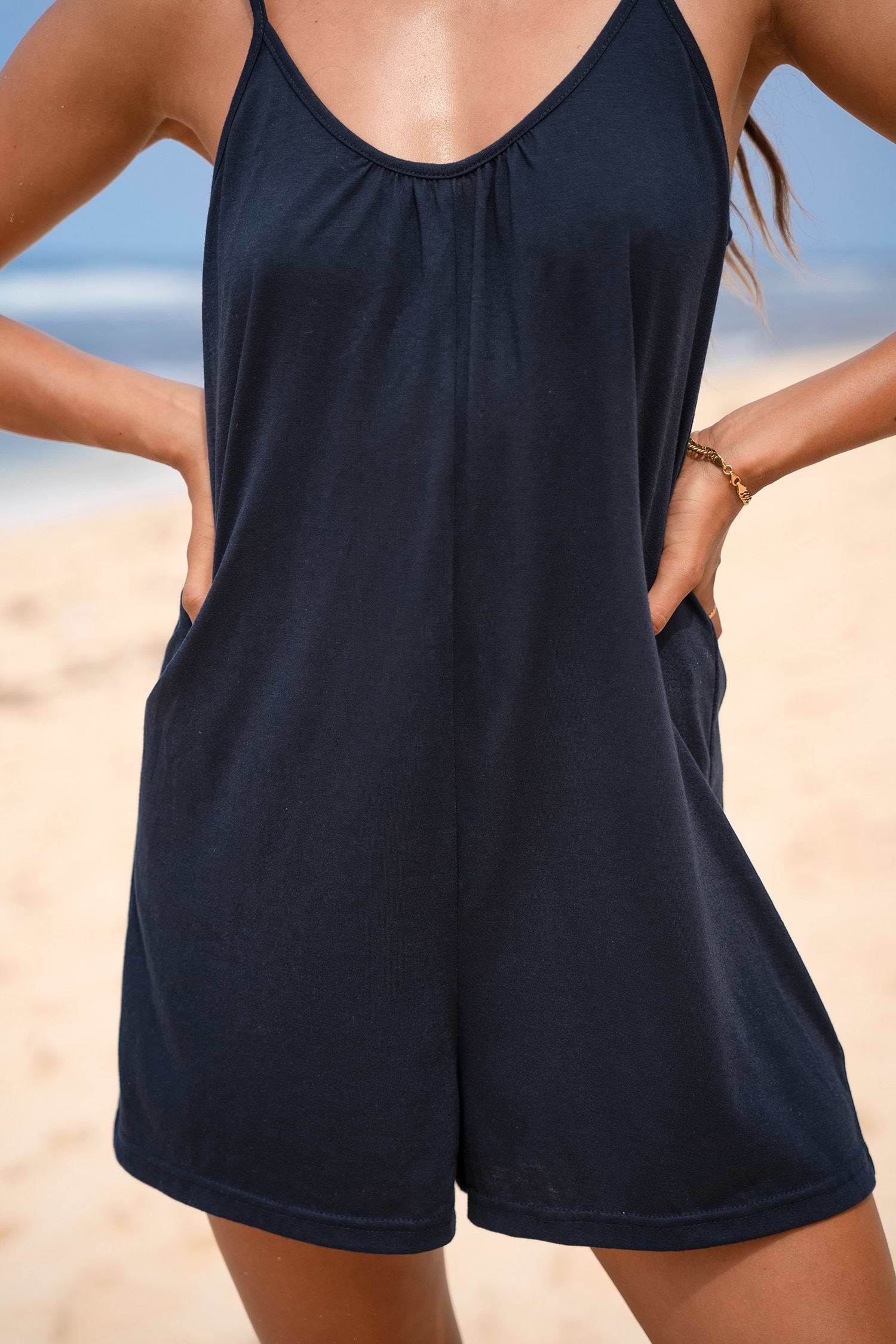 Creamy Touchカップインワンピースnavy Dark Navy Sleeveless Scoop Neck Jersey Romper