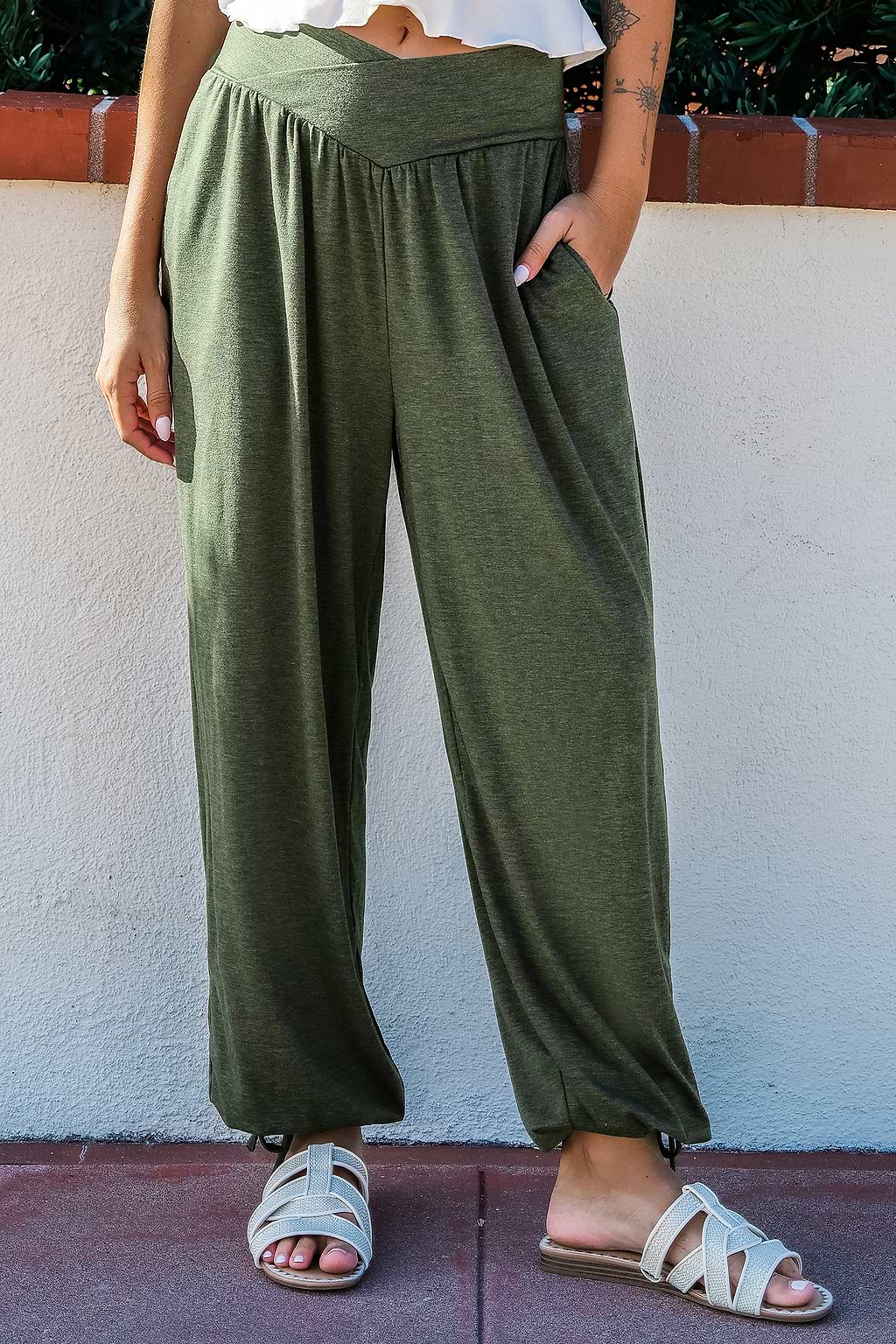 Olive Surplice Waist Straight Leg Pants