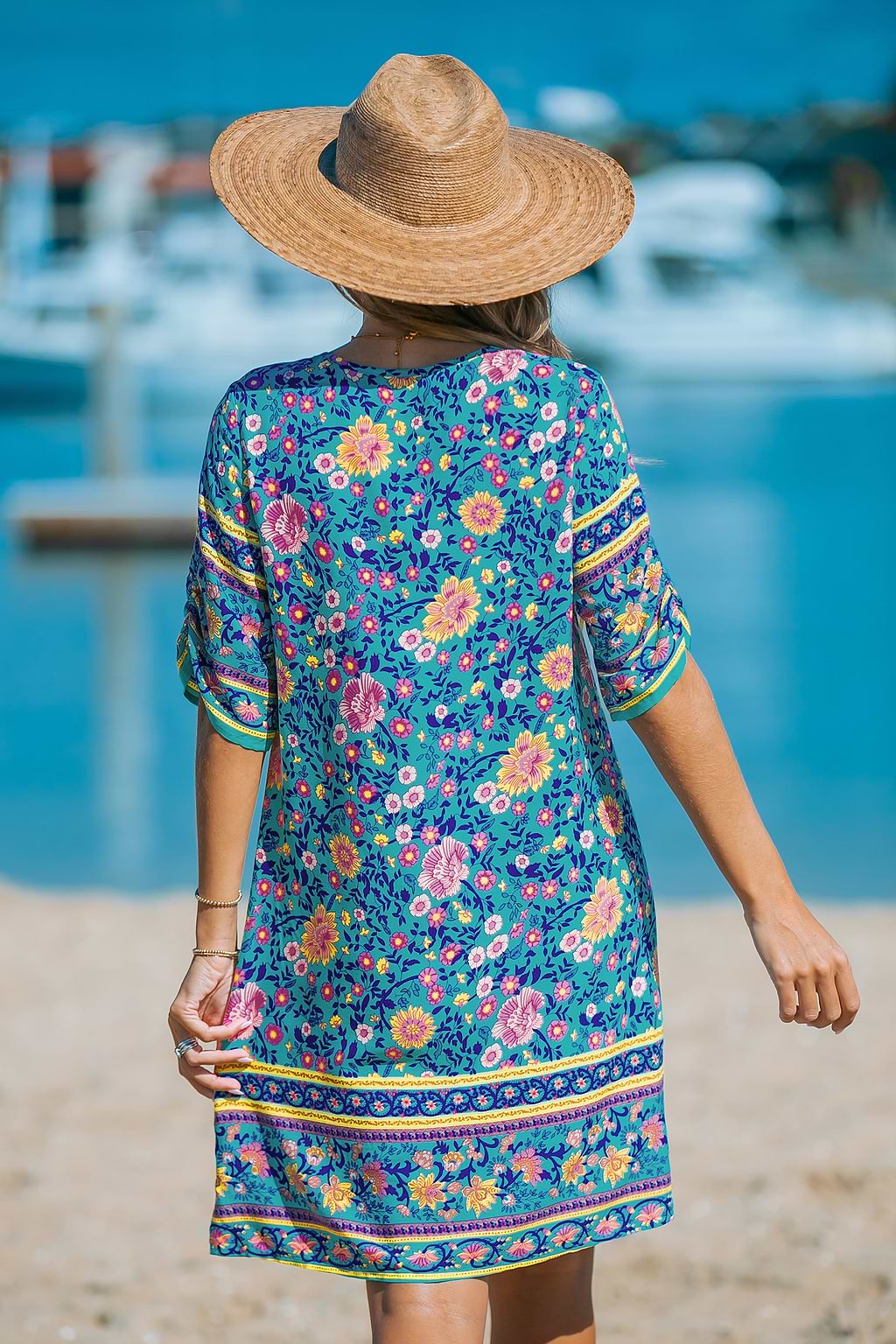 Floral Boho Split Neck Tassel Tie Mini Dress