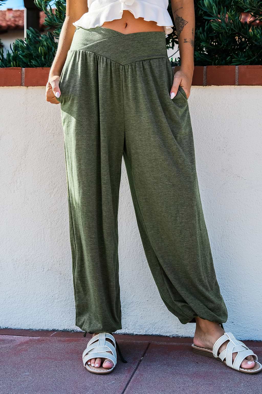 Olive Surplice Waist Straight Leg Pants