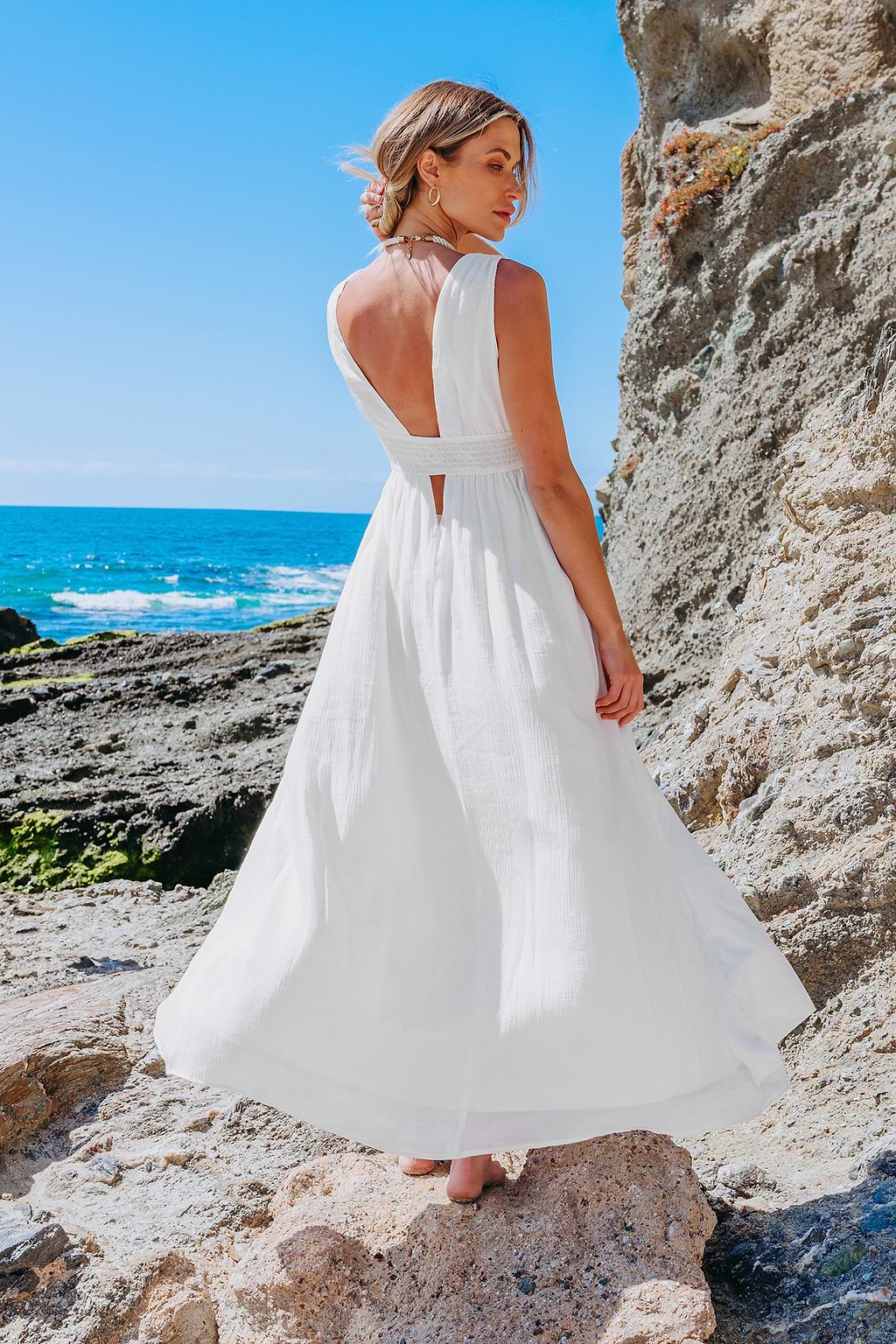 White Plunging Smocked Keyhole Maxi Dress