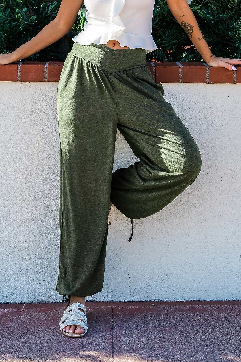 Olive Surplice Waist Straight Leg Pants