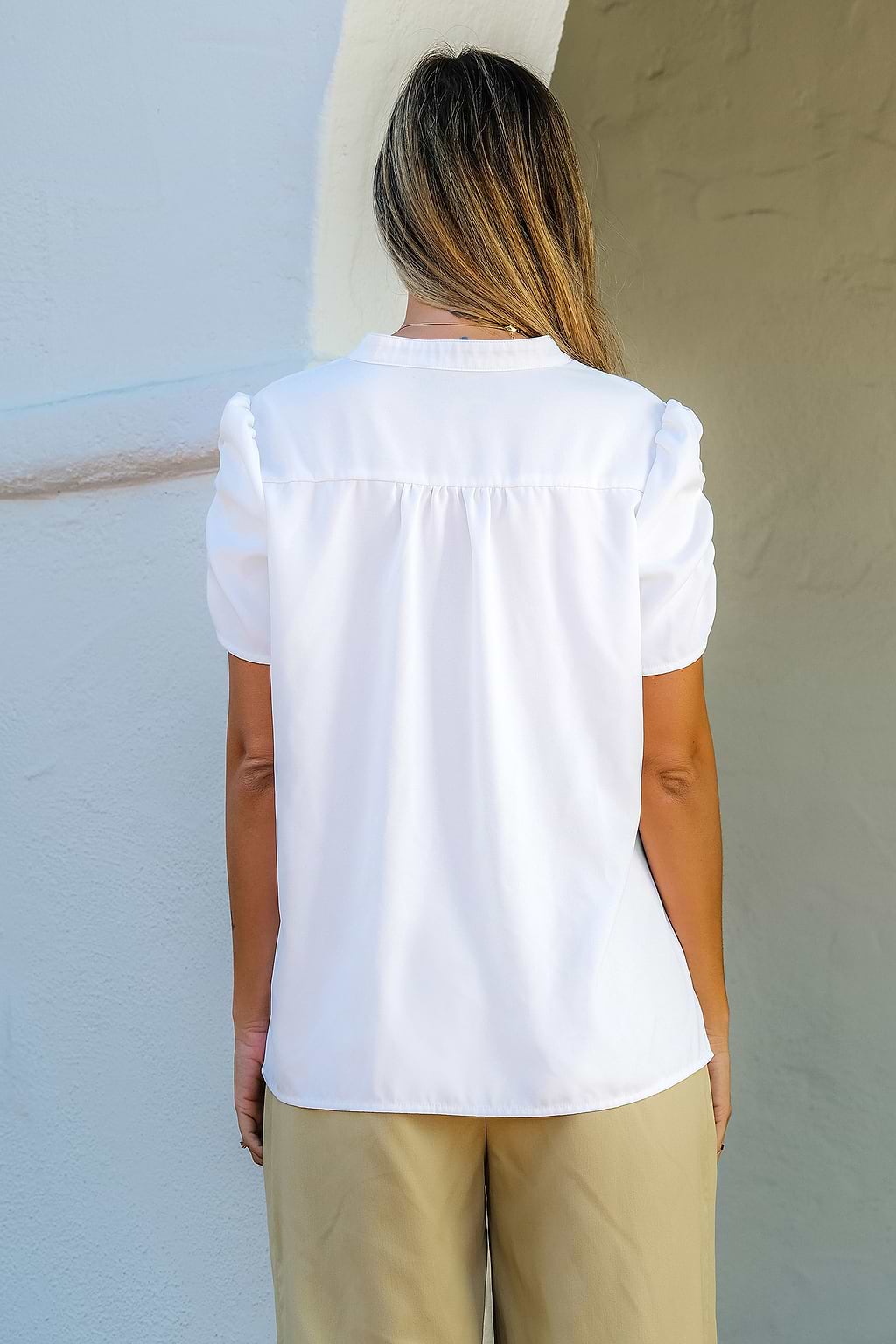 White Ruched Puff Sleeve Blouse