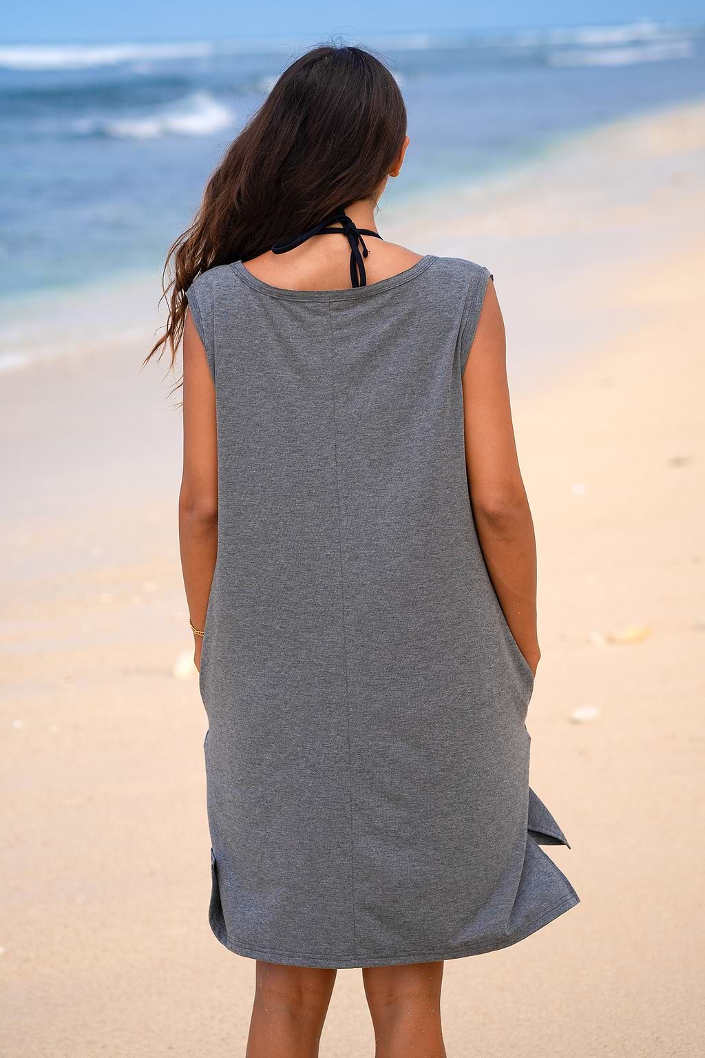 Grey V-Neck Sleeveless Pocket Jersey Cover-Up