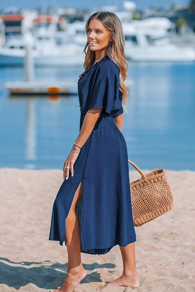 navy blue summer dress with sleeves Navy Blue Tiered Dress - Maxi Dress - Surplice Maxi Dress
