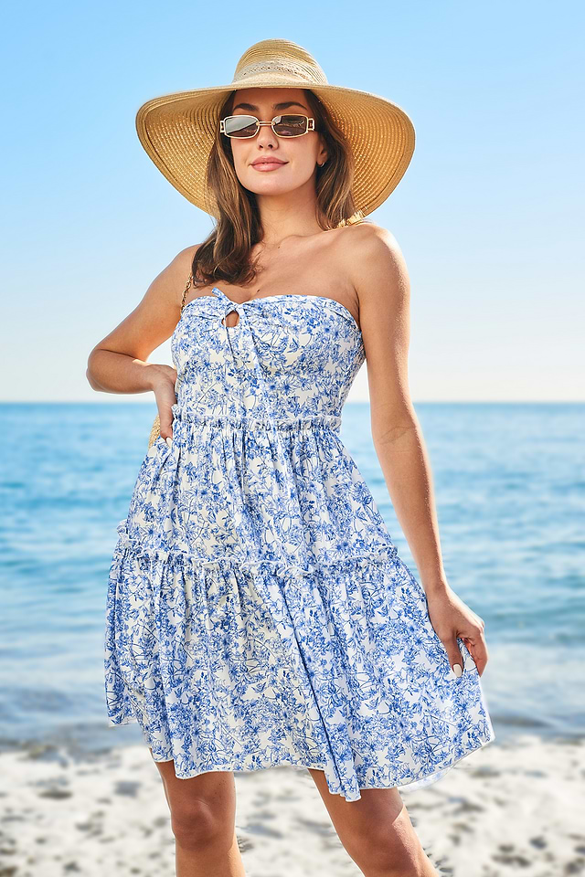 Blue & White Floral Sleeveless Sweetheart Mini Dress