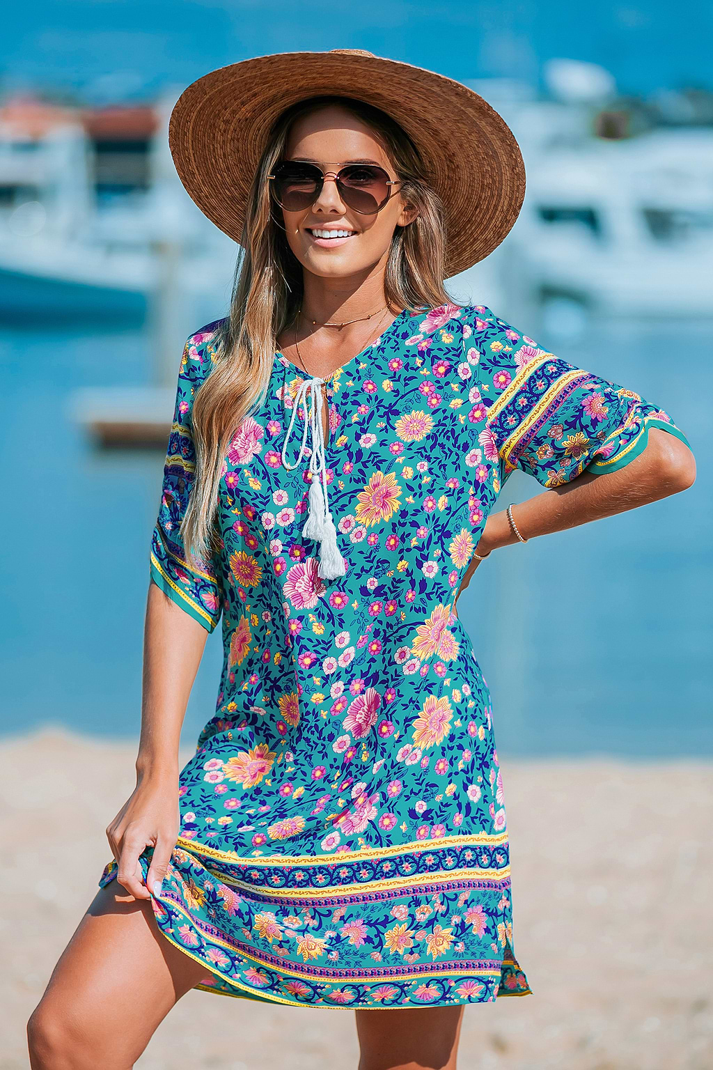 Floral Boho Split Neck Tassel Tie Mini Dress
