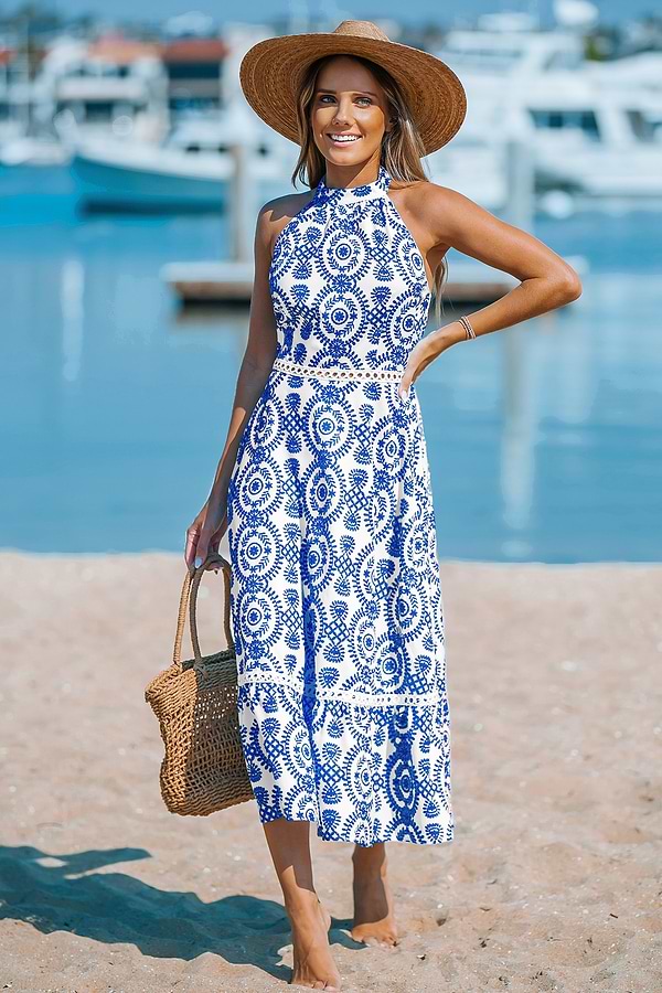 Blue & White Ornate Halterneck Sleeveless Midi Dress