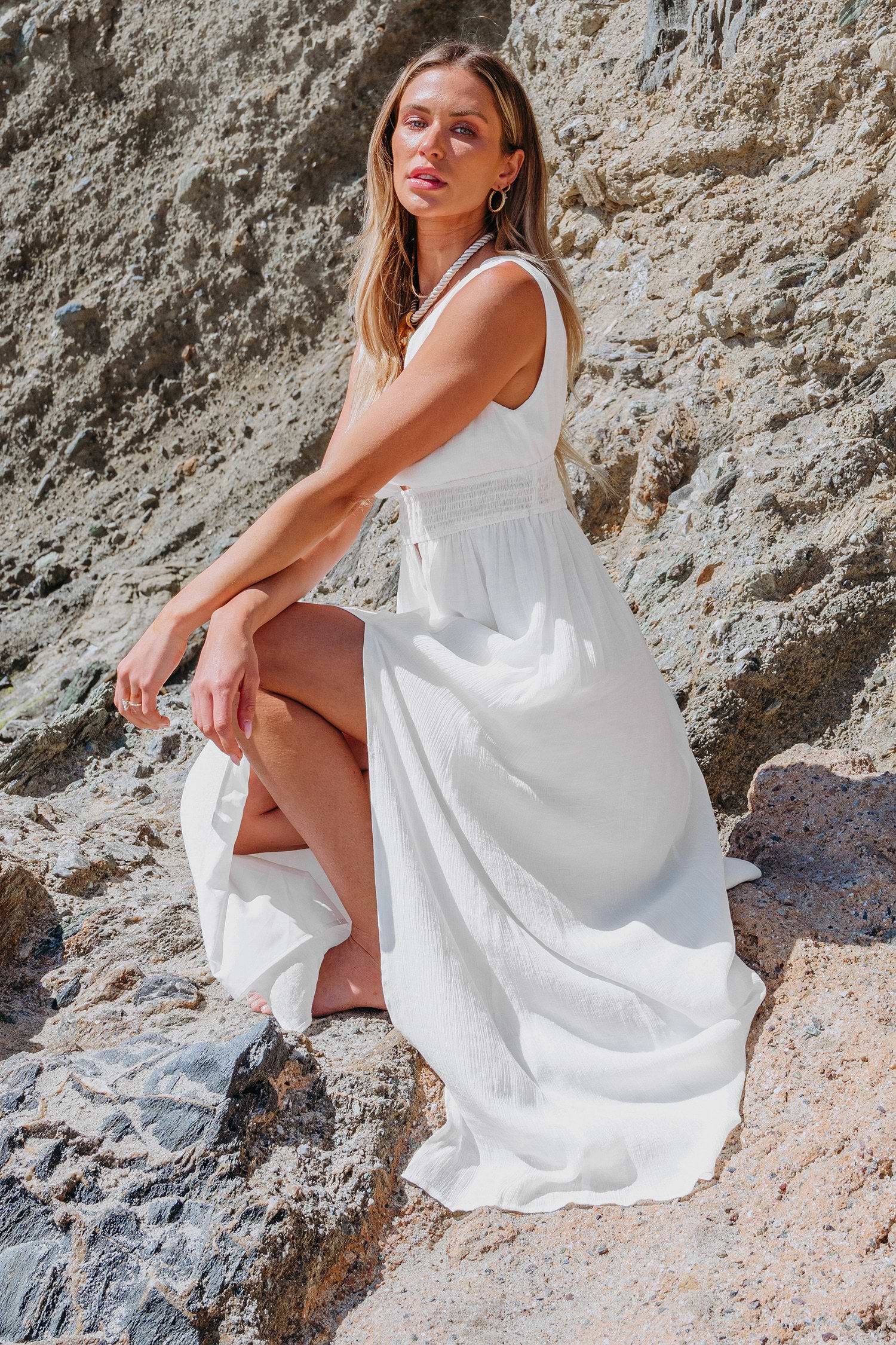 White Plunging Smocked Keyhole Maxi Dress