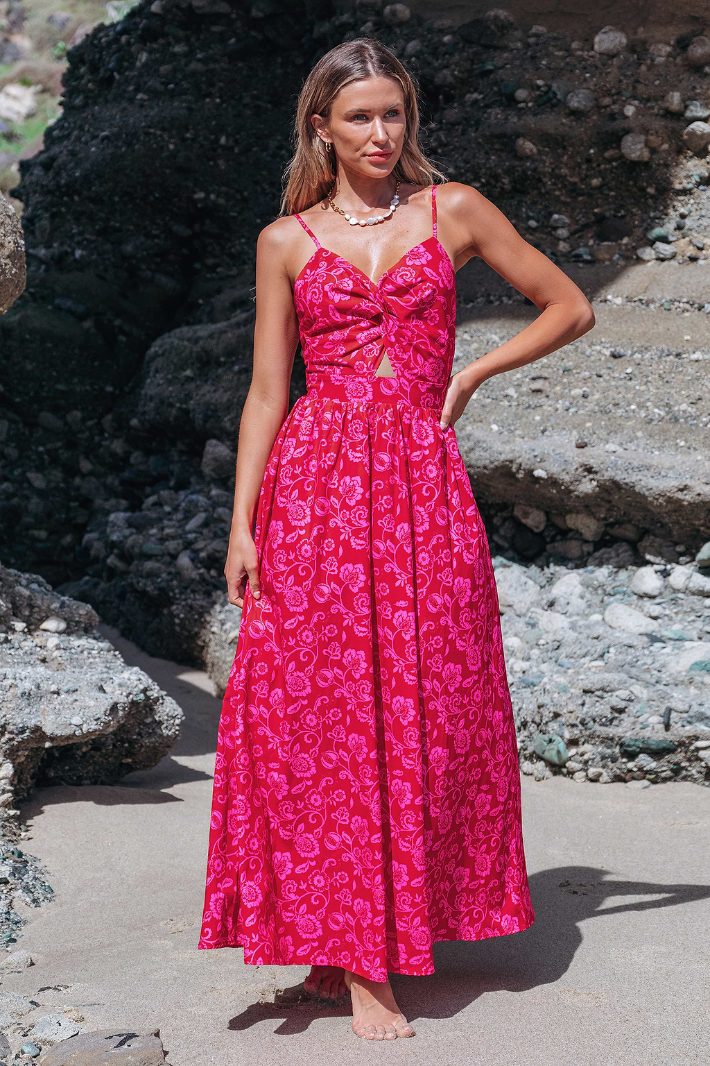 Pink Boho Sleeveless Sweetheart Maxi Dress