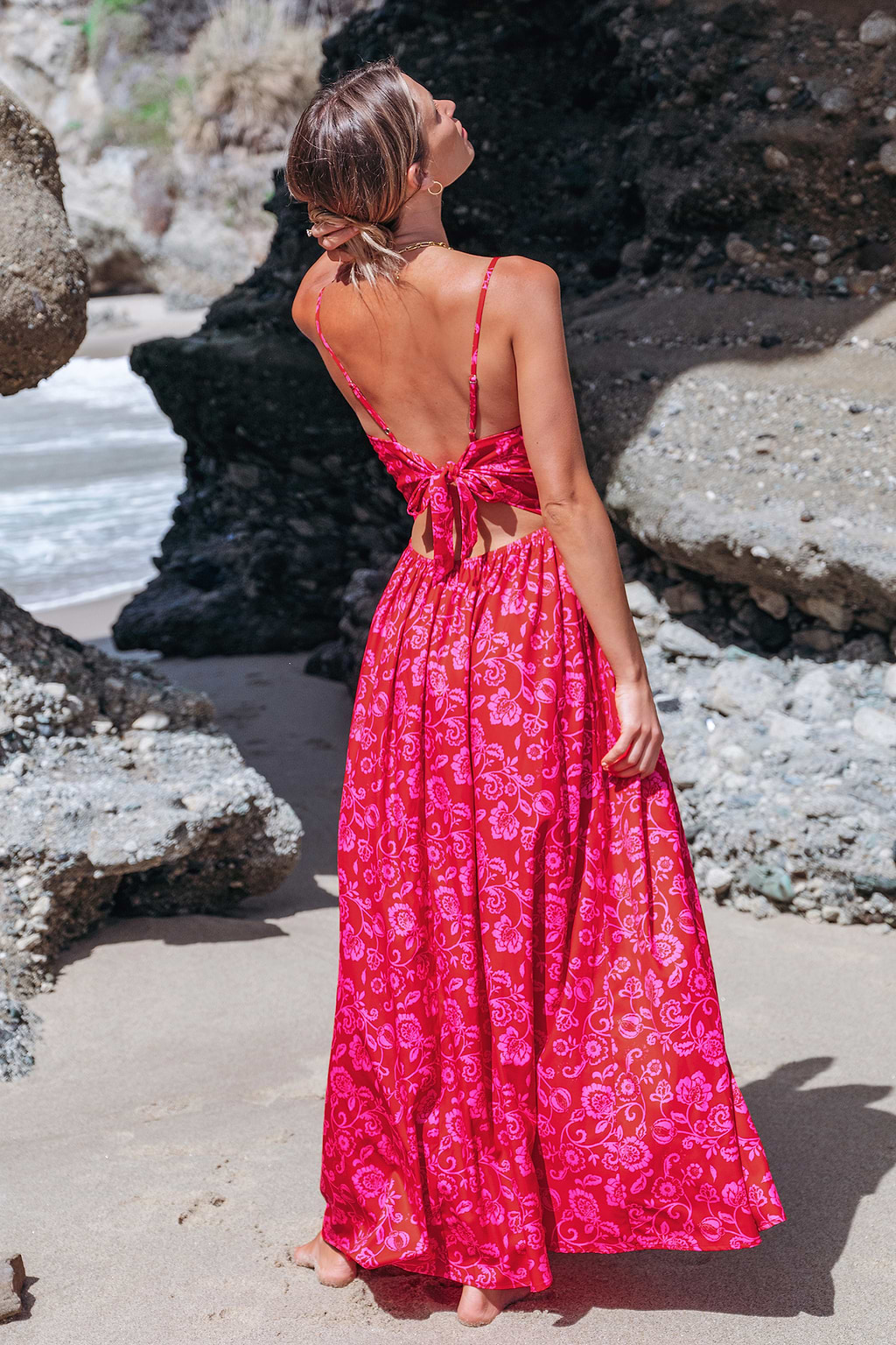 Pink Boho Sleeveless Sweetheart Maxi Dress