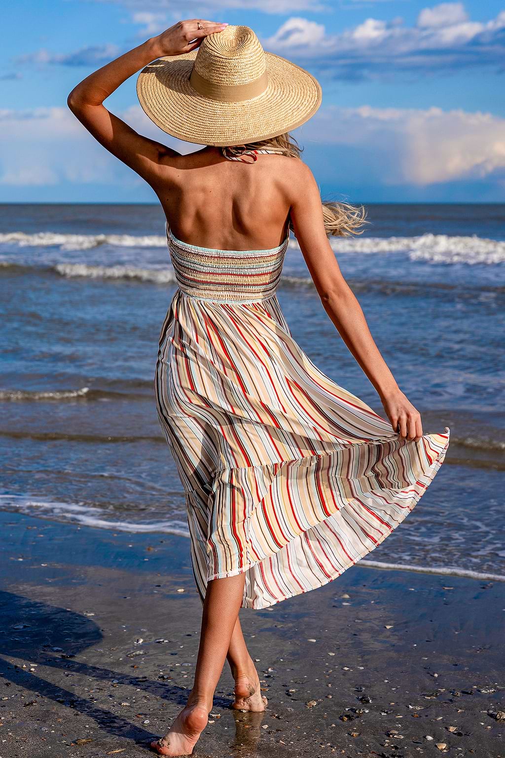 Striped Halterneck Sleeveless Maxi Dress