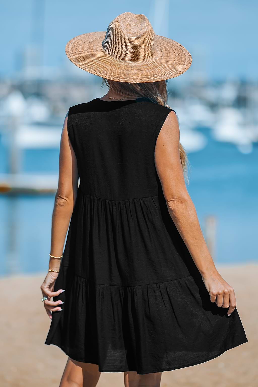 Black Sleeveless Ruffle Hem Mini Dress