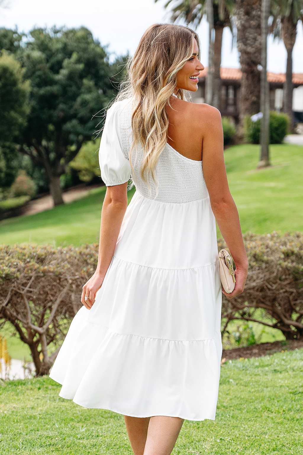 White One-Shoulder Puff Sleeve Maxi Dress