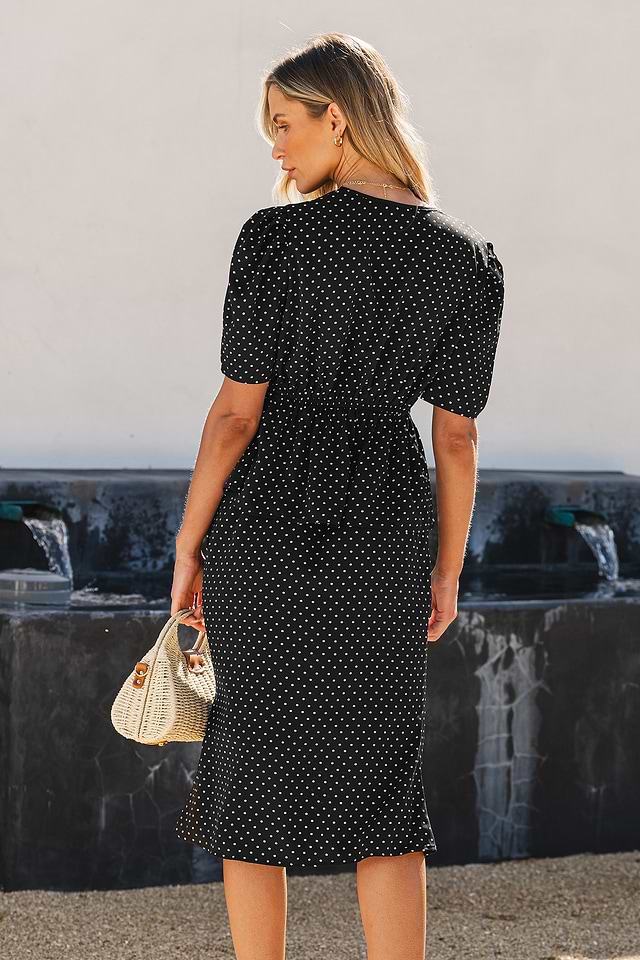 black and white polka dot peplum dress Vivienne Peplum Midi Dress (Sale)