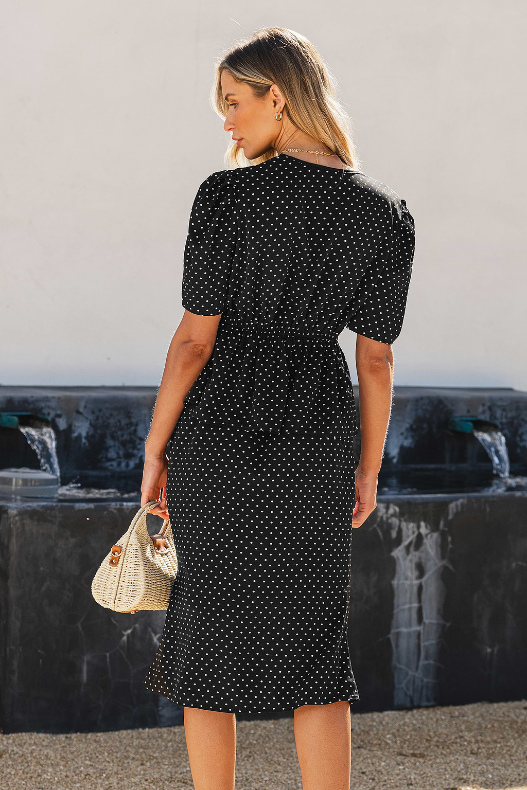 Black & White Polka Dot Peplum Blouse & Midi Skirt Set