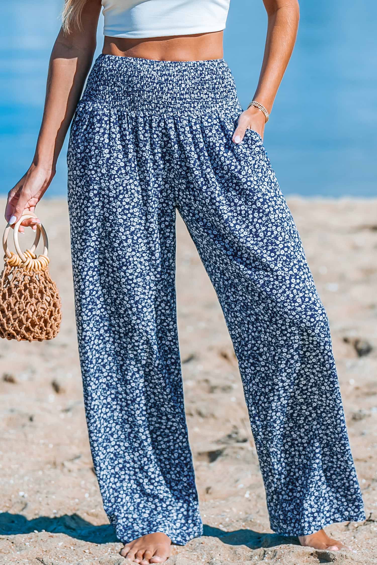 Ditsy Smocked Waist Wide Leg Pants